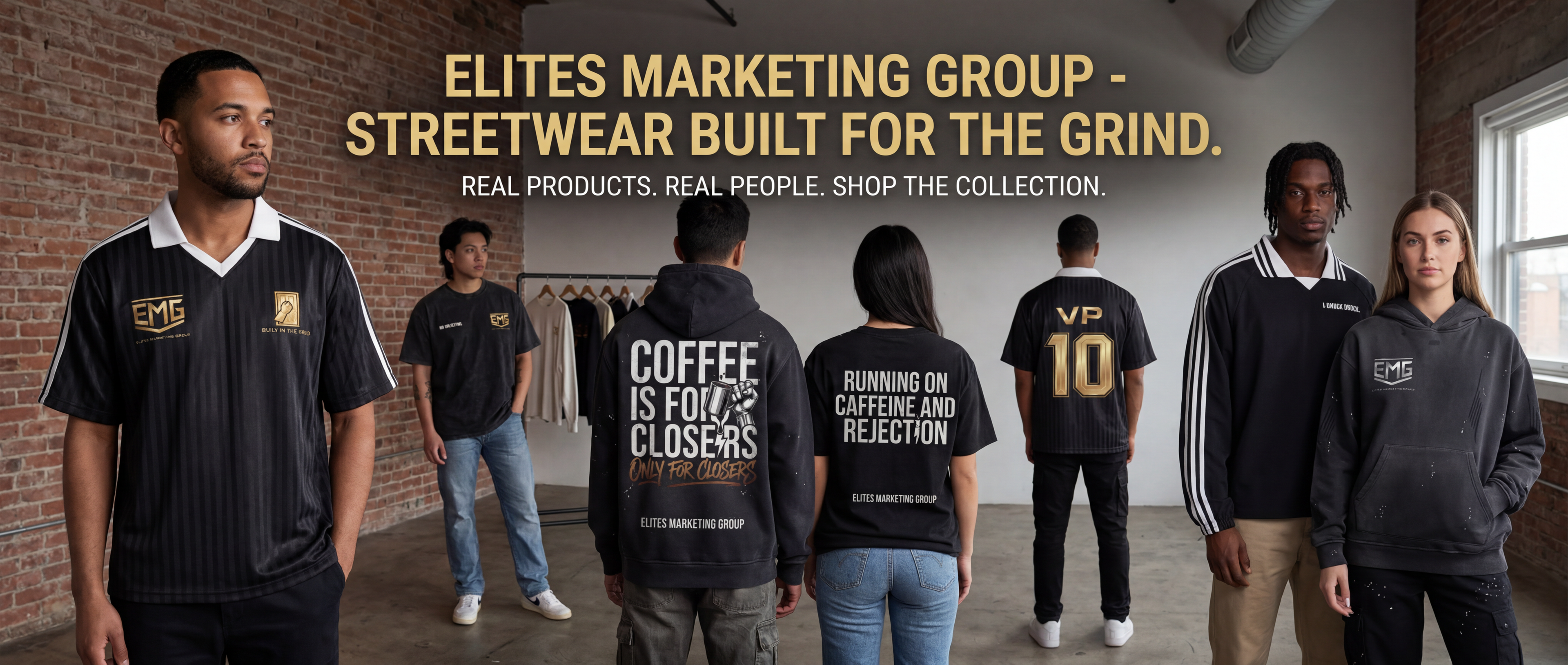 Group of people wearing branded streetwear with promotional text for Elites Marketing Group.